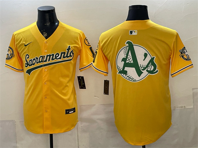Men's Oakland Athletics Team Big Logo 2026 Yellow Alternate Sacramento Celebrating 125 Years Vapor Limited Stitched Baseball Jersey